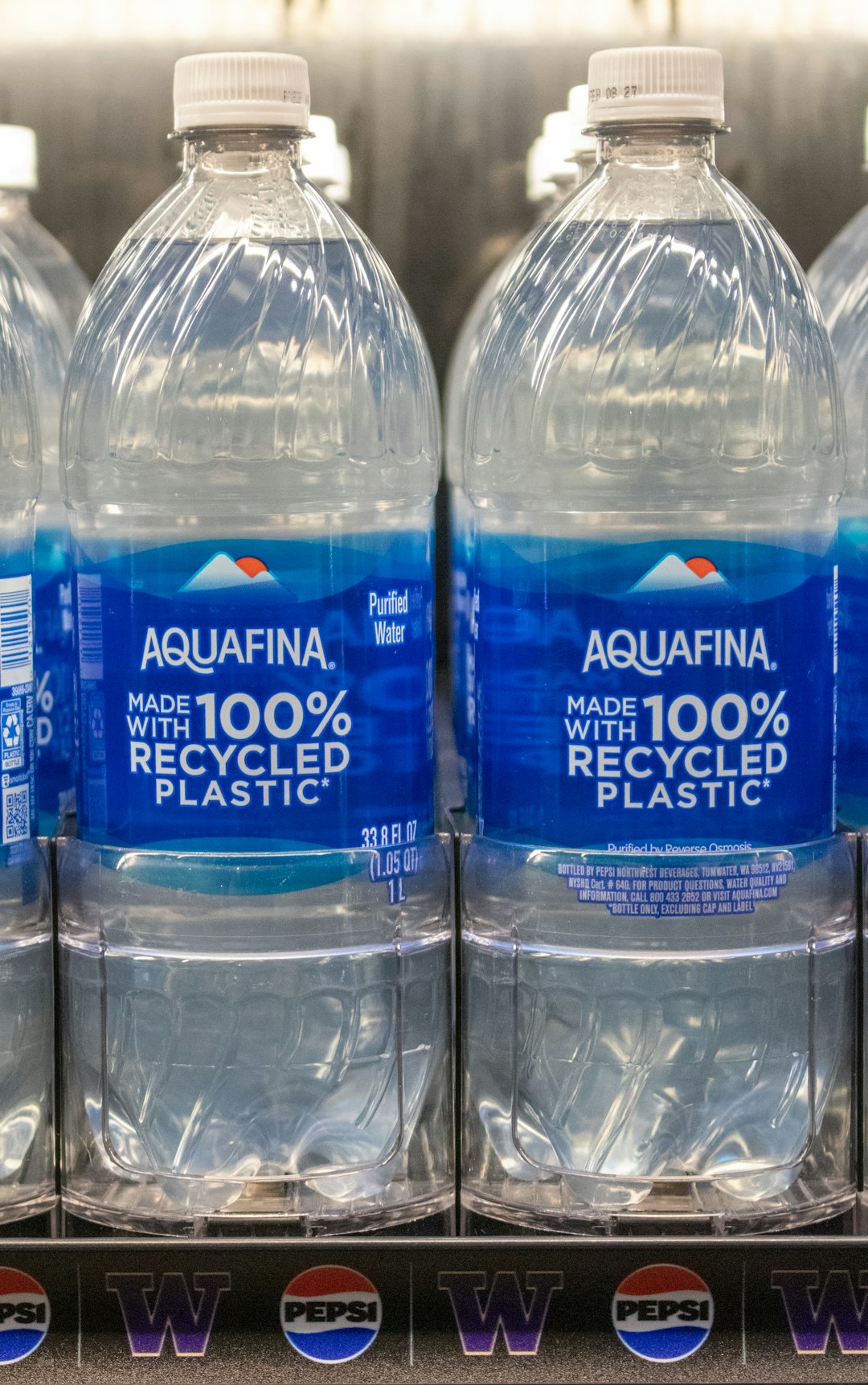 Aquafina water bottles are made with 100% recycled plastic.